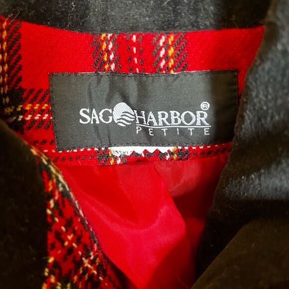 Vintage 90s Blazer Jacket Red Tartan Plaid Wool Blend Velvet Collar Size Large - Picture 7 of 8
